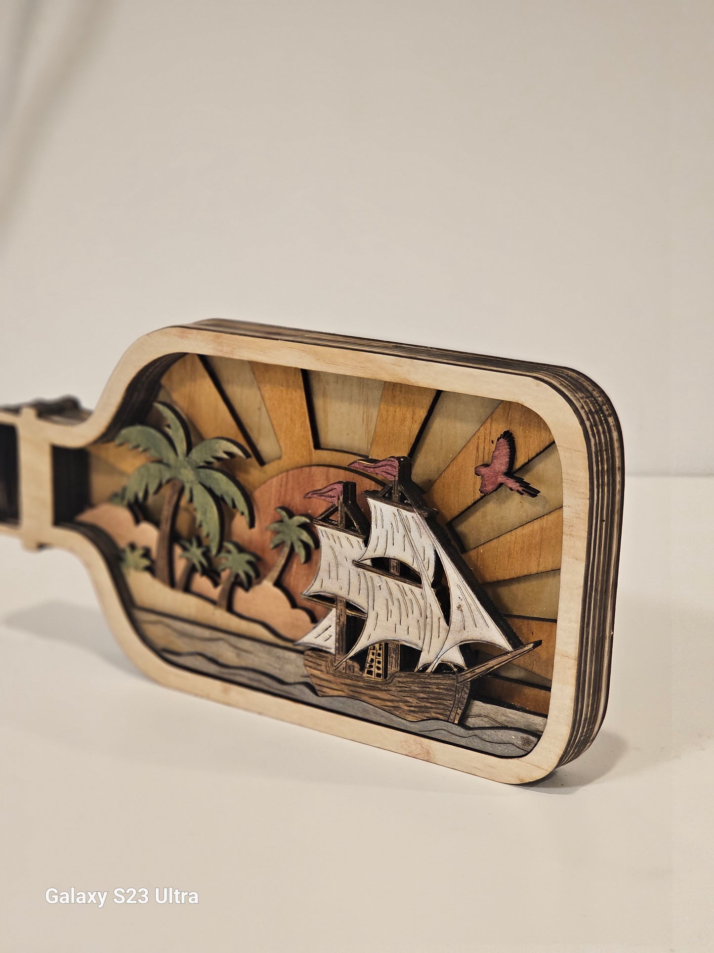 Wooden Ship in a Bottle – Tropical Sunset Scene