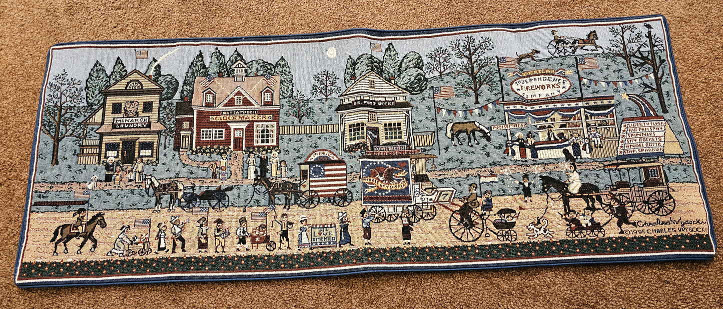 Repurposed Tapestry Tote Bag – Vintage Americana Village Scene