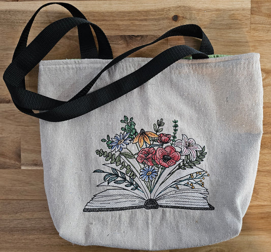 Floral Book Embroidered Canvas Tote Bag