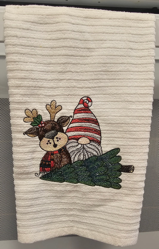 Festive Reindeer & Gnome Embroidered Holiday Towel