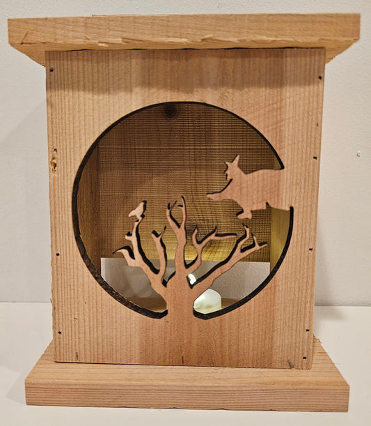 ✨ Rustic Wooden Halloween Lantern – Witch &amp; Tree Silhouette 🌙