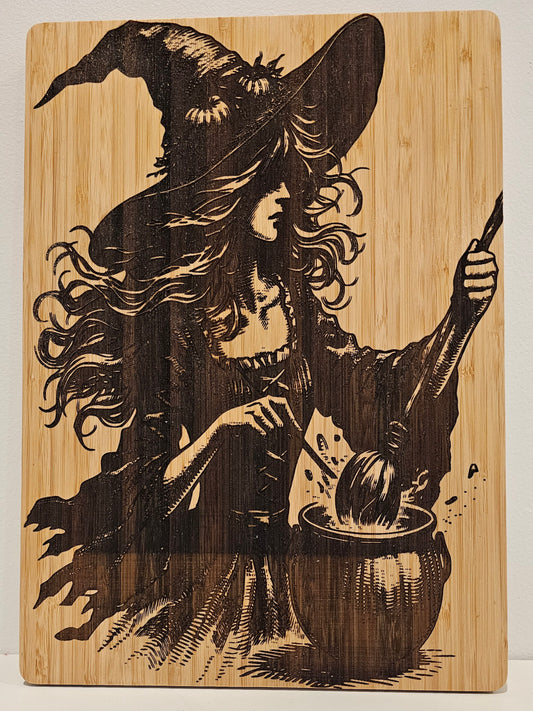 Witch Stirring Cauldron Engraved Wooden Art Board