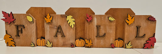 🍂 Rustic Wooden “FALL” Block Set with Leaves &amp; Pumpkins 🎃