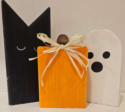 🎃 Rustic Halloween Wooden Trio – Cat, Pumpkin &amp; Ghost 👻