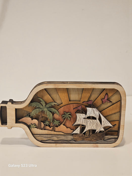 Wooden Ship in a Bottle – Tropical Sunset Scene