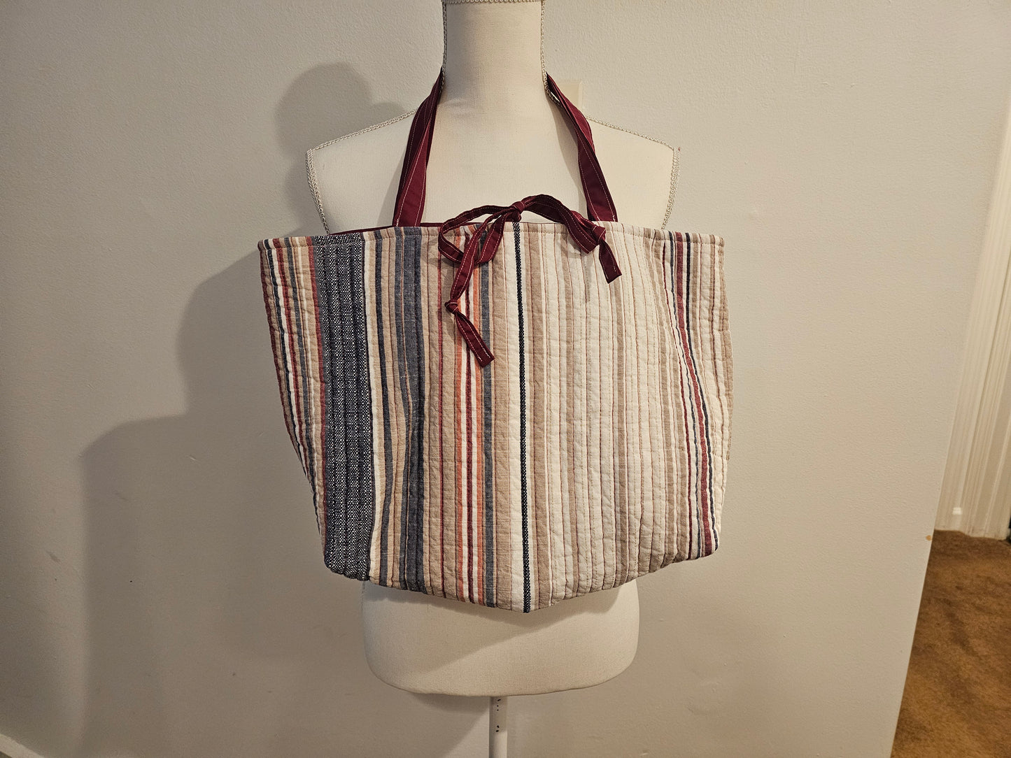 Repurposed Quilt Tote Bag – Large Striped Carryall