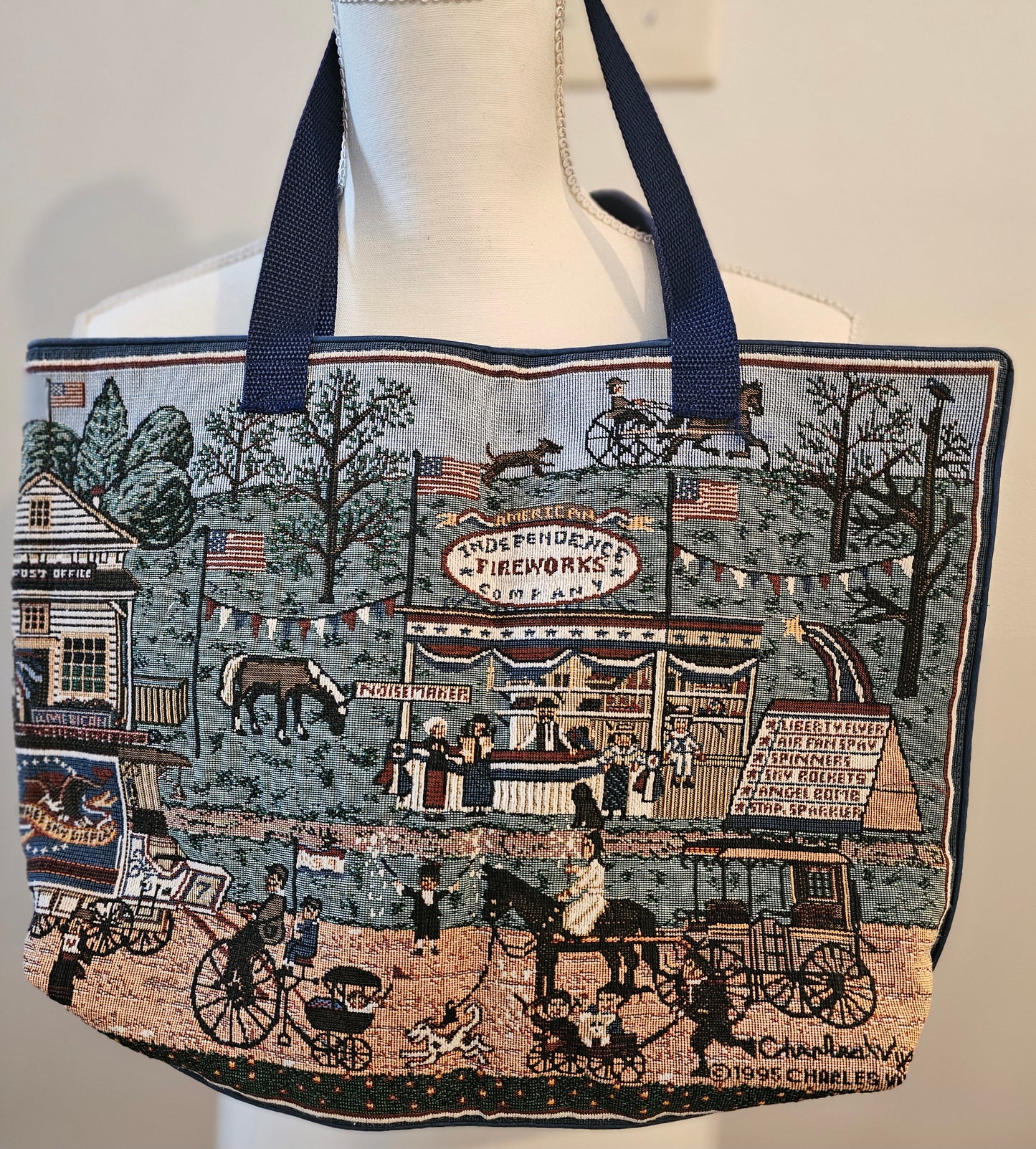 Repurposed Tapestry Tote Bag – Vintage Americana Village Scene