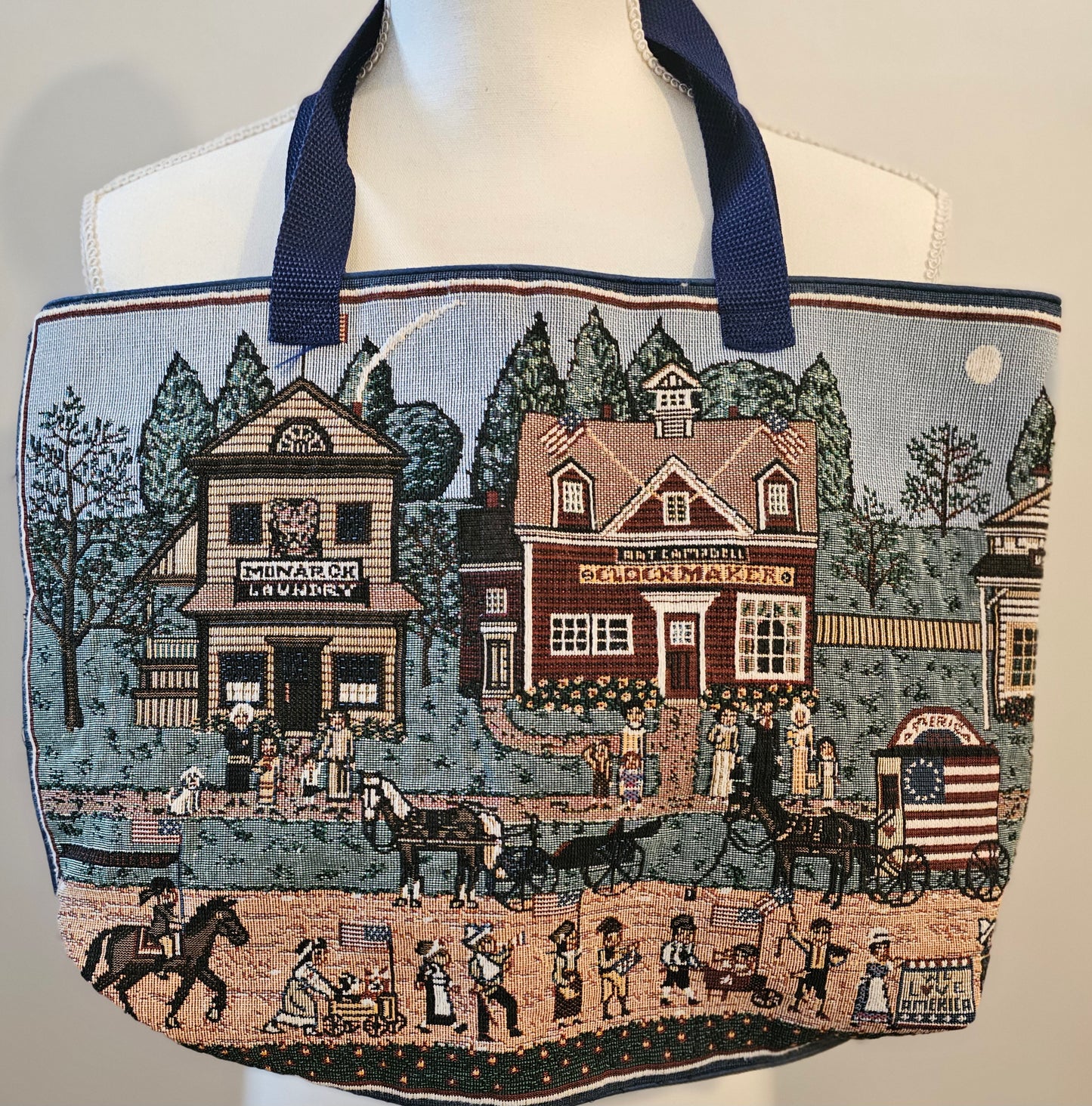 Repurposed Tapestry Tote Bag – Vintage Americana Village Scene
