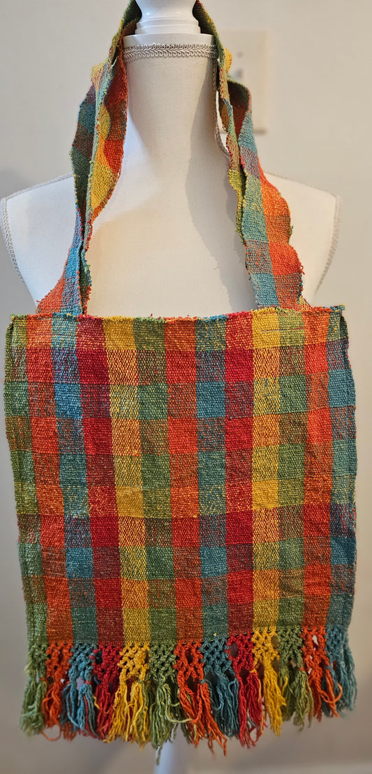 Repurposed Woven Tote Bag – Colorful Boho Fringe Shoulder Bag