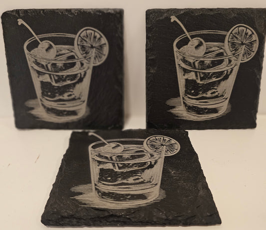 Engraved Slate Cocktail Coaster – Old Fashioned Drink Design